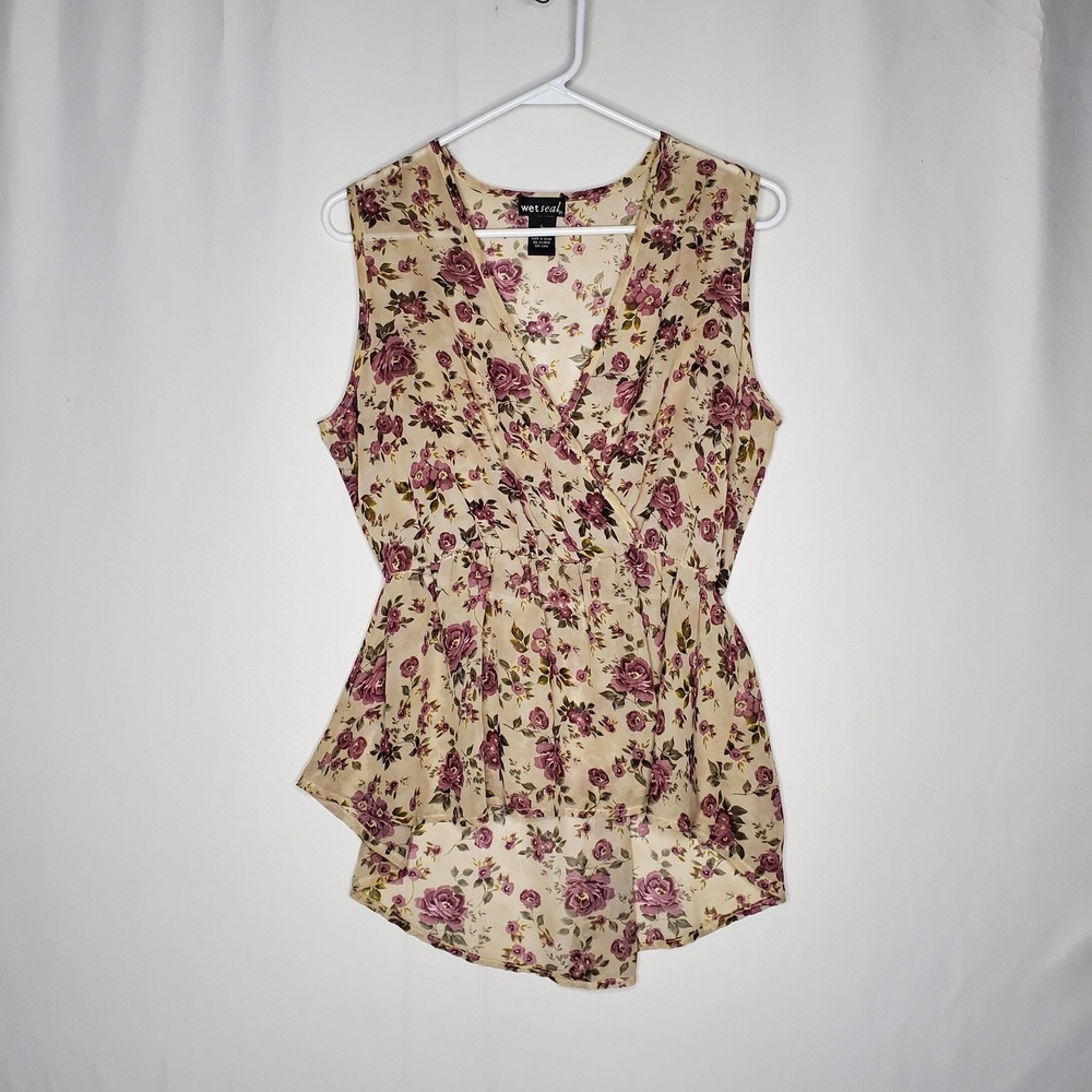 Vtg Wet Seal Top Large Sheer Beige Purple Floral Sleeveless VNeck Babydoll Y2K